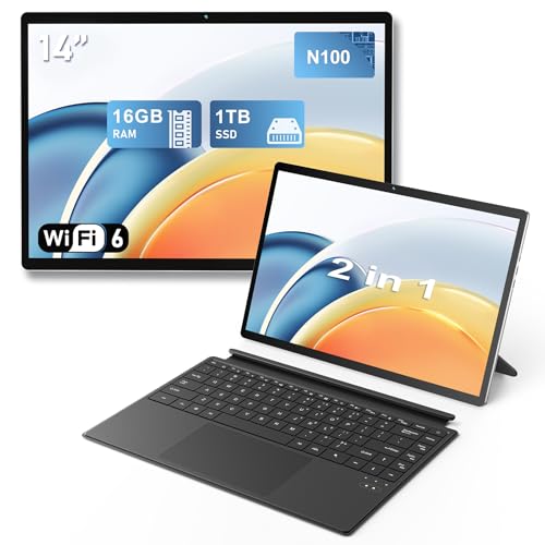 FUNYET 2 em 1 Laptop, portátil com Win11 de 14 polegadas, processador N100 Notebook, 16 GB de RAM + 1 TB de SSD computador portátil, scanner de impressões digitais e teclado retroiluminado para