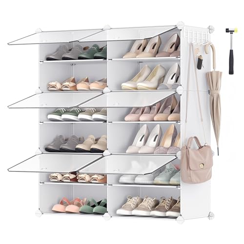 SONGMICS Armário de sapato de plástico, 6 compartimentos para 24 pares de sapatos, com portas, estrutura de aço e prateleiras de plástico, armário para quarto, branco nuvem e transparente LPC033W01