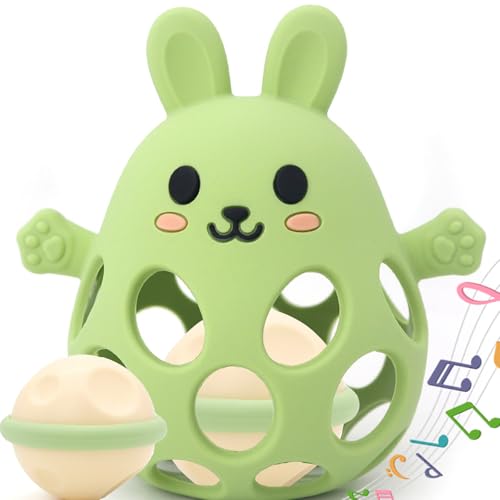 Brinquedos mordedor Montessori bebés 0-12 meses educativos, bola sensorial bebé, brinquedo chocalho bebés 1 ano, presente de aniversário e Natal (verde-azeitona, coelho)