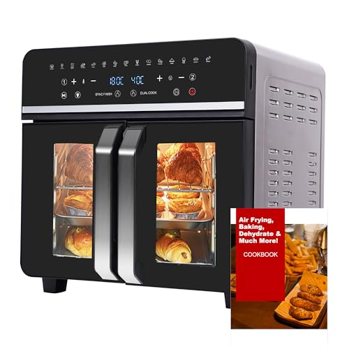 Frigideira sem óleo e forno de ar quente de 23 litros, Emphsism fritadeira de ar XXL com compartimento duplo 2600 W Oven, ecrã LED táctil, 15 programas, 11 acessórios incluídos