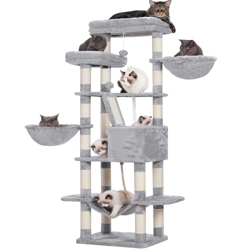 Heybly Raspador para gatos, árvore para gatos, altura 173 cm, torre de gato, com 17 postes de arranhões, 2 plataformas, 2 cesta, 1 caverna, 1 rede, 2 pompões, tecido de pelúcia, cinzento claro HCT025