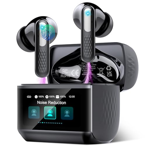 Auriculares sem fios com ecrã tátil LED, 2025 auriculares Bluetooth 5,4 HiFi estéreo com HD Mic, 48H capacetes sem fios com redução de ruído ANC+ENC, 5 modos EQ, impermeável, preto claro
