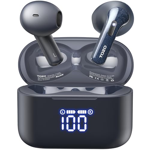TOZO T21 Auriculares sem fios auriculares 5.3 com ENC chamada LED ecrã 14,2 mm controlador ORIGX 2.0 acústico EQ ajuste 44H reprodução suporta carregamento sem fios e USB tipo C IPX8 azul