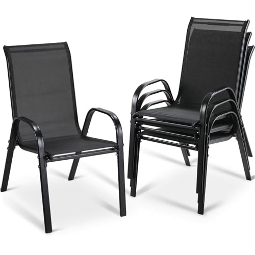 LIFERUN Cadeiras de jardim empilháveis para campismo, com encosto alto, estrutura de aço textileno, para jardins, pátios, varandas, restaurantes, 150 kg, suporta 54 x 69 x 93 cm (4, preto)