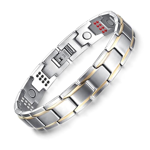 JFUME Pulseiras de terapia magnética para homens, pulseira de elos de aço inoxidável para homem, 8,5 polegadas, ajustável com ferramenta de remoção de elos