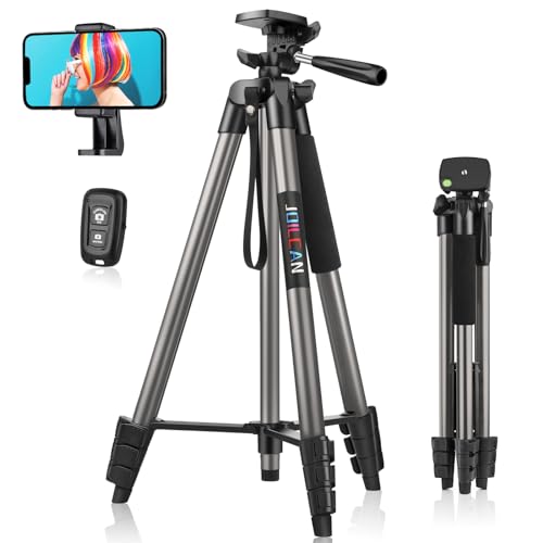 JOILCAN Tripé para telemóvel 161 cm, tripé para telemóveis de alumínio extensível com controlo remoto, bastão selfie tripé com suporte para iPhone/Samsung/Android telefones / câmara pequena, cinzento