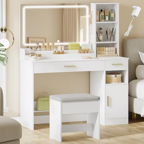 HEXCELEN Toucador com banco, toucador de maquilhagem com espelho e luzes LED com brilho ajustável, mesa de maquilhagem, 2 gavetas, 4 compartimentos e 1 armário, 40 x 108 x 141 cm, branco