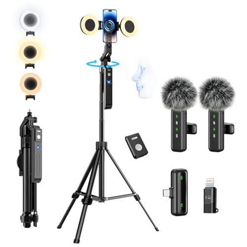 yAyusi Kit de blog de vídeo para iPhone/Android, Youtuber Kit, com 360° Rastreamento facial automático tripé para smartphone, microfone, luz de preenchimento e controlo remoto