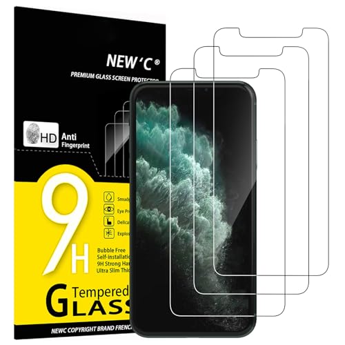 NEW'C 3 peças, protetor de ecrã para iPhone 11 Pro, iPhone X e iPhone XS, vidro temperado anti-riscos, anti-impressões digitais, sem bolhas, dureza 9H, 0,33 mm ultra transparente, ultra resistente