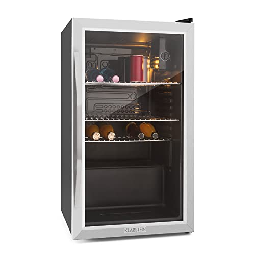 KLARSTEIN Mini frigorífico pequeno com porta de vidro para quartos, 80 l, secador portátil elétrico com prateleiras para bebidas