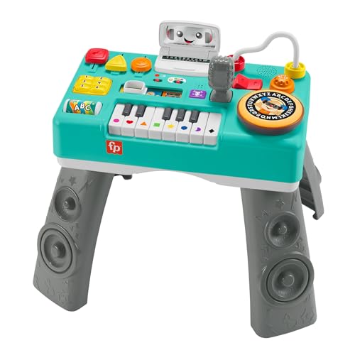 Fisher-Price Ria e aprenda Mesa de mistura de DJ musical piano de brinquedo com atividades, luzes e sons, sentado e em pé, bebés + 6 meses, versão espanhola portuguesa italiano + inglês, HXG08
