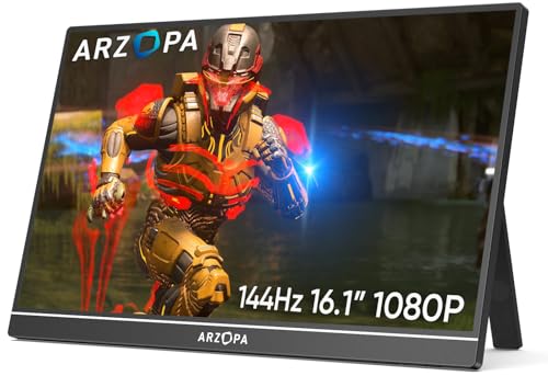 ARZOPA 16,1'' Monitor portátil de 144Hz com Kickstand, 100% sRGB 1920 × 1080P FHD HDR 144HZ Gaming Monitor, ultra fina - proteção ocular - segundo ecrã externo para computador