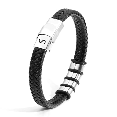 SAMINO Couro preto 26 pulseiras de aço inoxidável de primeira letra para homens pulseiras pendentes de letra A - Z pulseiras de tecido presentes para marido pai filho namorado tio