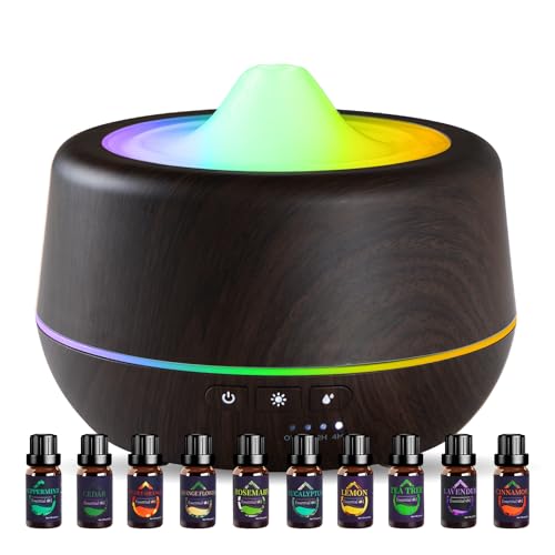 Difusor de óleos essenciais, difusor ultrassónico de aromaterapia de 500 ml, humidificador de névoa fria com luzes LED de 7 cores, 4 temporizadores, função de desligamento automático (preto-10)