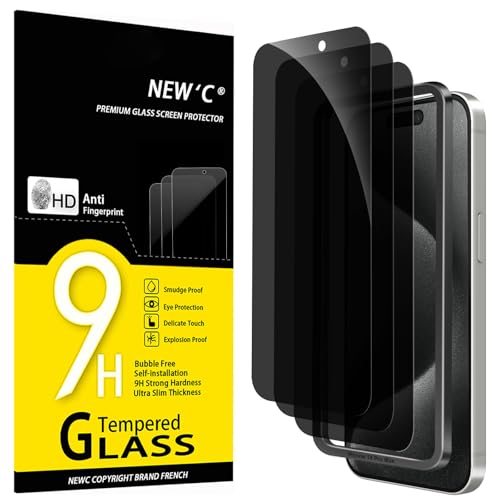 NEW'C 3 peças, protetor de ecrã privacidade para iPhone 15 Pro Max (6,7 polegadas), vidro temperado anti-espia com ferramenta de instalação fácil incluída - Ângulo de privacidade de 28 graus