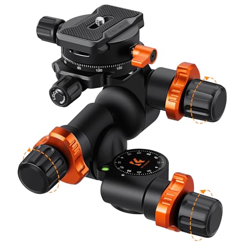 K&F Concept Cabeça de tripé com engrenagem, cabeça esférica panorâmica de 360° com placa de libertação rápida, GD-3W Geared Tripod Head, cabeça de 3 vias para tripés, carga de 5 kg