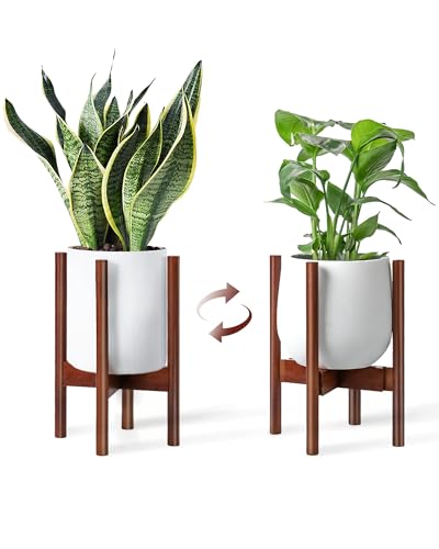 Bamworld Vasos com pé de madeira de meados do século - suporte vasos interior e suporte para plantas moderno para flores - estante para plantas ajustável para interior e exterior