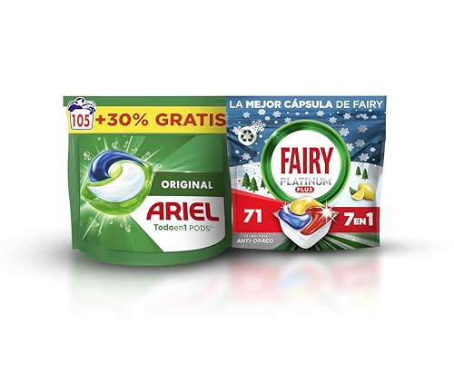 Pack poupança de limpeza total: Ariel Tudo em 1 PODS (105 cápsulas) Fairy Platinum Plus limão (71 cápsulas) – lavagem impecável para roupa e louça