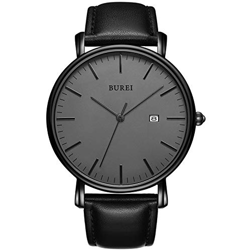 BUREI Relógio de pulso clássico para homens estojo ultra fino minimalista mostrador analógico com data movimento de quartzo japonês