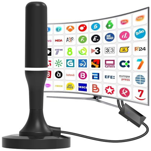 Antena TDT interior, antena de TV interior potente, 420 km com receção de 360 ° - amplificador integrado, base magnética e cabo coaxial 3 m para sinal 4K/HDTV, compatível com DVB-T2/T VHF/UHF em TDT
