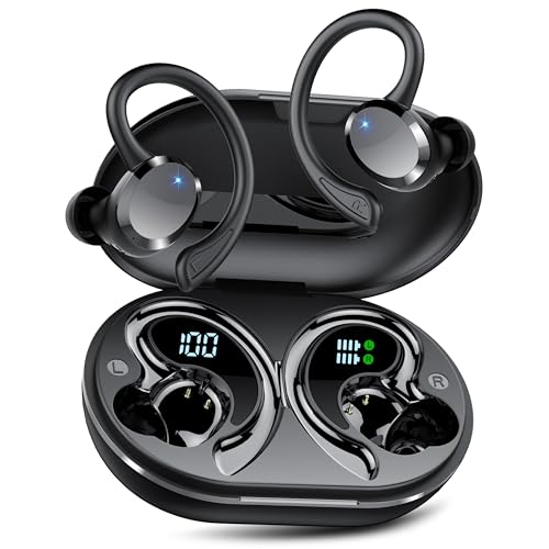 Auriculares sem fios desportivos, 2025 auriculares Bluetooth 5.4 com microfone HD, 68H de reprodução com cancelamento de ruído ENC, IPX7 impermeável capacetes sem fios com ecrã LED Running
