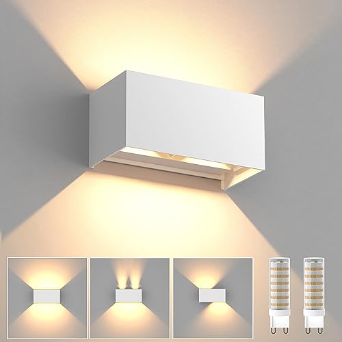 YrgePowk Aplique parede LED com lâmpadas LED G9 substituíveis, 18 W candeeiro de parede interior / exterior branco quente 3000 K aplique parede exterior impermeável IP65 ângulo de feixe ajustável