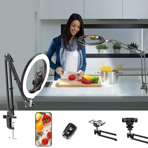 LUXSURE Aro de luz com tripé, Ring Light com função Bluetooth, 10'' anel de luz aro de luz com braço de suporte resistente e suporte para telemóvel para gravar vídeos, cozinha, transmissão ao vivo