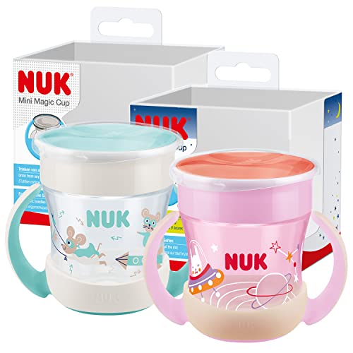 NUK Mini Magic Cup Night caneca para beber, + 6 meses | 160 ml, borda à prova de derramamentos de 360° para beber de qualquer lugar, Brilha no escuro, sem BPA, coelho (rosa) | 2 unidades