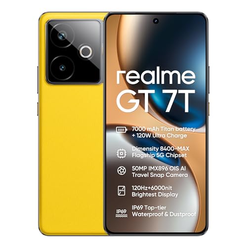 realme GT 7T 5G Smartphone 12 + 256 GB, câmara 50MP IMX896 OIS, chip Dimensity 8400-MAX, bateria 7000 mAh Titan, ecrã 120 Hz 6000 nits Pro-Esports, NFC, amarelo