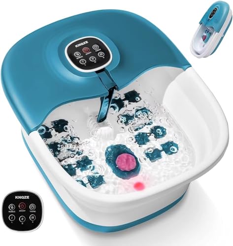 Banheira spa massajador para pés, hidromassagem para pés, massajador de pés dobrável com aquecimento, controlo remoto, bolhas, pedra, temporizador, 16 roelos, azul