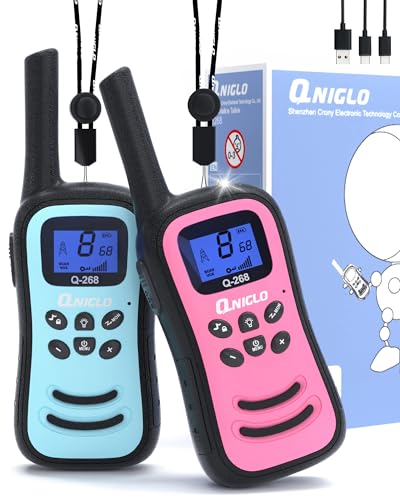 QNIGLO Walkie Talkie crianças recarregável, amplo alcance 8 canais rádio de 2 vias Walky Talky, bom auxiliar de campismo em bicicleta caminhadas, presente de moda para meninos e meninos (rosa azul)