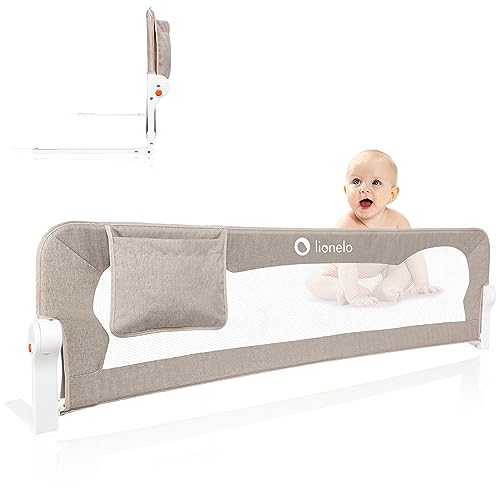lionelo Eva Barreira para cama 150 x 42, corrimão de cama portátil, cintos, bloqueio de segurança, compacta, malha respirável, dobrável de 180 graus, montagem simples (bege)