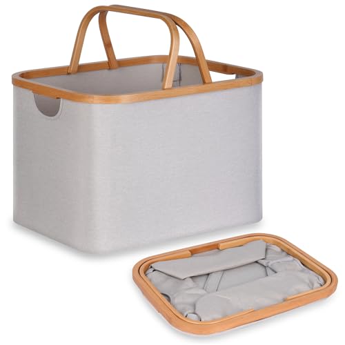 efluky Cesto roupa suja dobrável portátil cesta de lavandaria Laundry Basket de bambu, cesta de armazenamento versátil com pega de bambu para casa de banho e quarto, lavandaria, brinquedo, 43 L