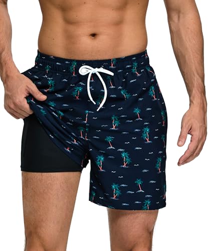 Kfnire Calções de banho para homem com forro de compressão e bolsos, calções de banho para natação secagem rápida hidrofugo para homem