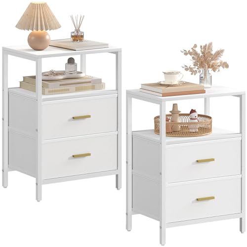 Hzuaneri Mesinha de cabeceira conjunto de 2, mesa auxiliar com 2 gavetas, compartimento aberto, mesa de café, mesa de cabeceira quarto, para sala de estar, quarto, branco NS30713W
