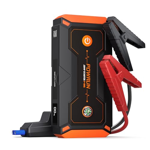 Powrun P-One Iniciador de carros, 2000A Arrancador de baterias para carro (para 8,0 l de gasolina ou 6,5 l de gasolina), 12 V Booster com clipes de segurança inteligentes, luz LED, bolsa de transporte