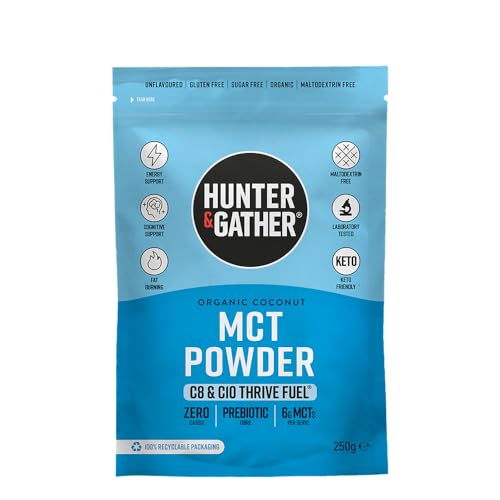 Hunter & Gather Premium Organic MCT Powder C8 e C10 250 g I Keto Friendly | Sem sabor | sem sementes nem óleos vegetais, apoia o jejum cetogénico e (IF)