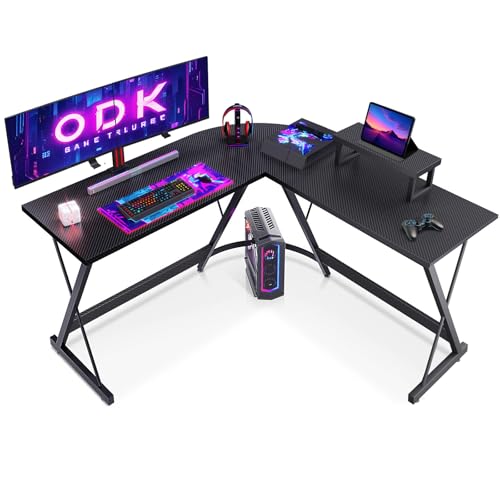 ODK Mesa de jogos com suporte para monitor de mesa em L mesa para computador fibra de carbono preta 127 x 127 cm