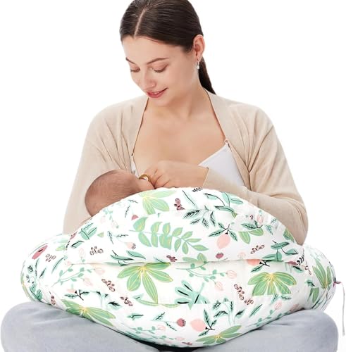 momcozy Almofada de amamentação grande com borda de segurança: almofada ergonómica de amamentação e suporte com alça ajustável e capa de algodão removível, plante e floresta