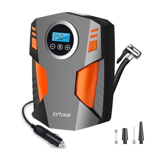 SYTUNG Inflador de rodas para carro, compressor de ar portátil de pneus de carro com 3 adaptadores de e luzes LED digitais, de ar para pneus de carro e outros insufláveis