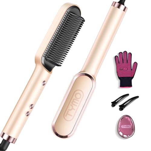 TYMO RING Escova de alisamento de cabelo, ferro de cabelo profissional, 5 temperaturas, 130 °C - 210 °C, aquecimento rápido, proteção anti-queimaduras, anti-encolhimento, voltagem dupla, pêssego