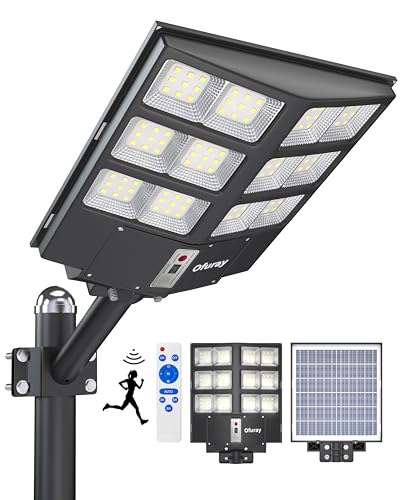 Ofuray Of-2000 W Lâmpadas solares exteriores, 20000 LM luz solar exterior com sensor de movimento, 6500 K potente foco LED solares, IP67 candeeiro de segurança impermeável para jardim, pátio, garagens