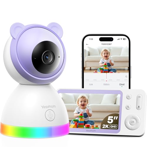 YESIMOM 2 K/3 MP Câmara de vigilância para bebé com 5", IPS, monitor de 360 ° PTZ com App móvel, visão noturna, deteção de movimento/choro, áudio bidirecional, canção de berço, VOX (1 unidade)