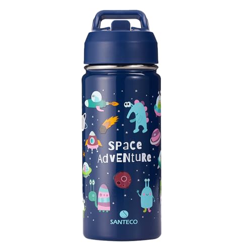 SANTECO Garrafa de água infantil com palhinha - copo isotérmico de 500 ml, mantém a temperatura - desenhado para a escola, creche e acampamento, sem BPA