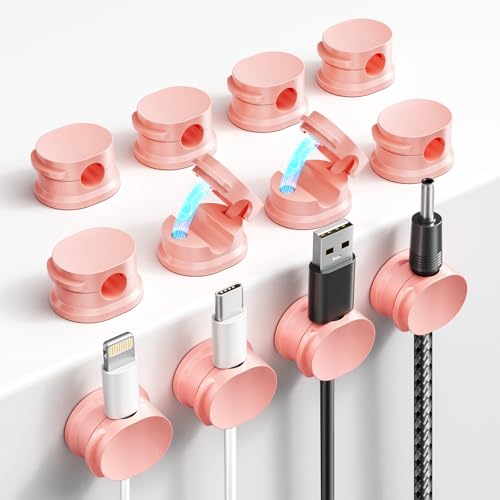COCOMAX 12 unidades Magnéticos organizador de cabos, auto-adesivo suporte cabos, organizador ajustável para secretária/mesas de cabeceira/cabos de carregamento/HDMI/USB-rosa