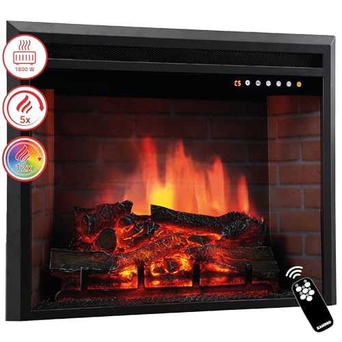 KAMINIO Lareira elétrica Luca - lareira embutida elétrica aquecida, efeito de chama 3D, 12 cores de chama, controlo remoto (23 polegadas)