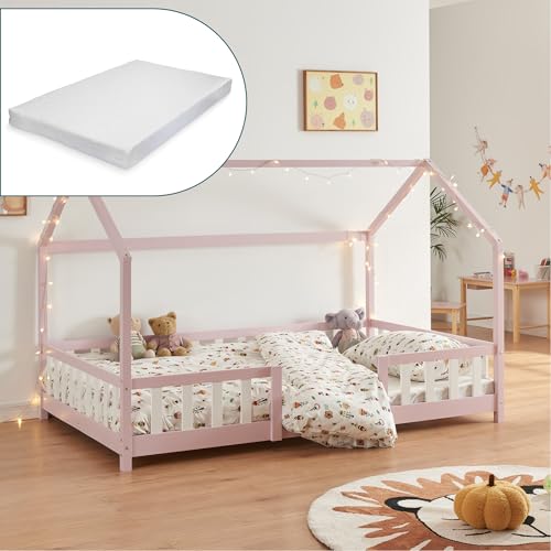 [en.casa] [Neu.Haus Cama de criança de madeira pinheiro sisisimiut com colchão espuma fria 90 x 200 cm cama infantil com grade protetora Somier forma de casa casa casa - rosa/branco