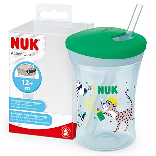NUK Caneca Action Cup para crianças, 12 meses, palha macia de acionamento por rotação, à prova de fugas, sem BPA, 230 ml, leopardo (verde), 1 unidade