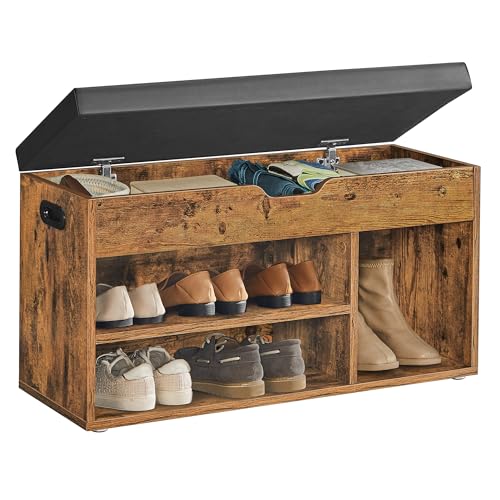 VASAGLE Banco de sapato com almofada, banco de armazenamento, 3 compartimentos, armazenamento oculto, prateleiras, sala de estar, corredor, quarto, carga de 136 kg, castanho rústico LHS30BX