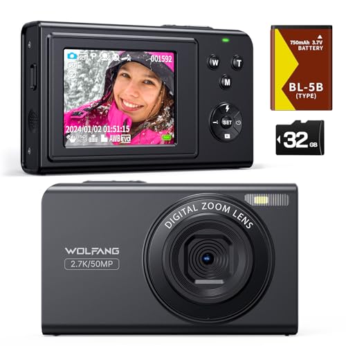 WOLFANG Câmara digital, câmara infantil de 2,7 K para fotografia, câmara portátil compacta de fotos de 50 MP, com zoom de 16 X, recarregável câmara para crianças, principiantes, adulto